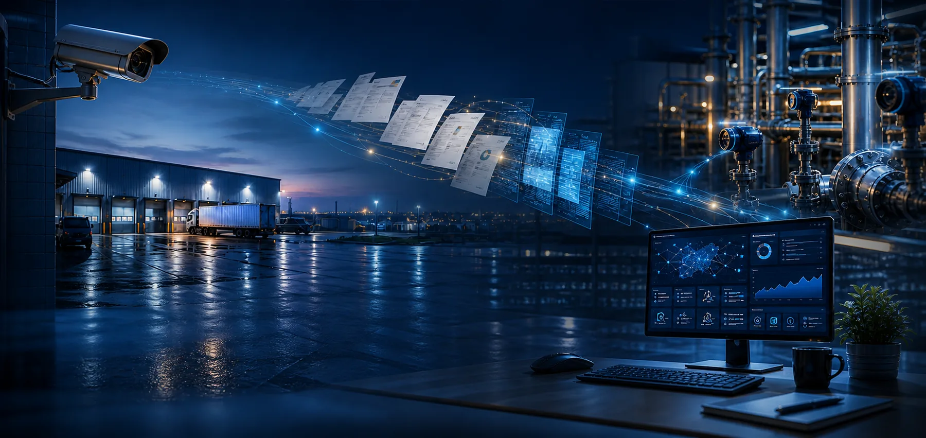 Enterprise AI operations connecting site cameras, documents, industrial sensors, and analytics
